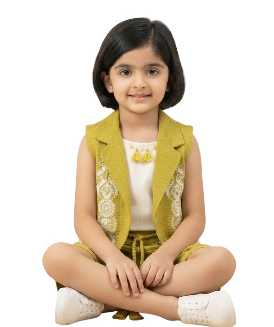 Girls Olive Green & Off-White Solid 3-Piece Co-Ord - Image 4