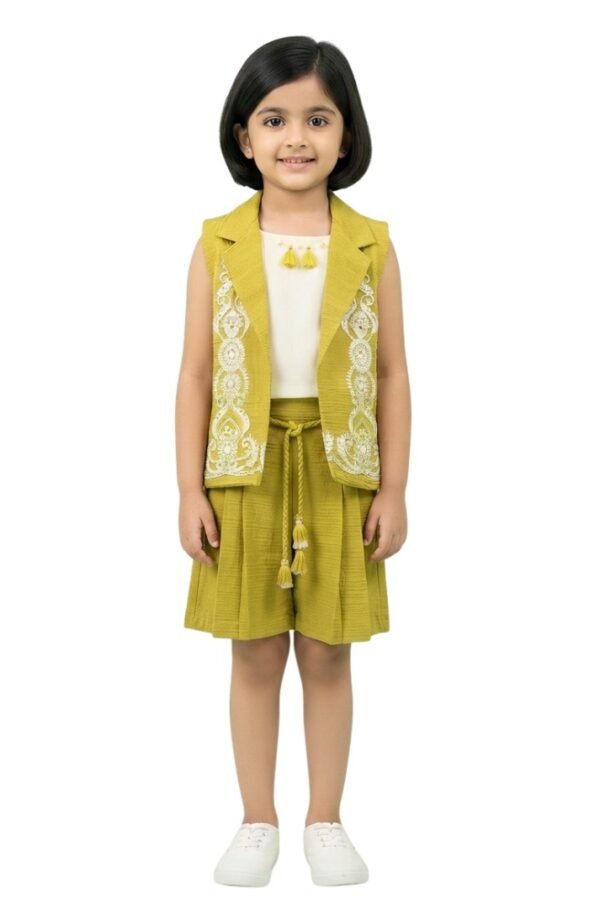 Girls Olive Green & Off-White Solid 3-Piece Co-Ord