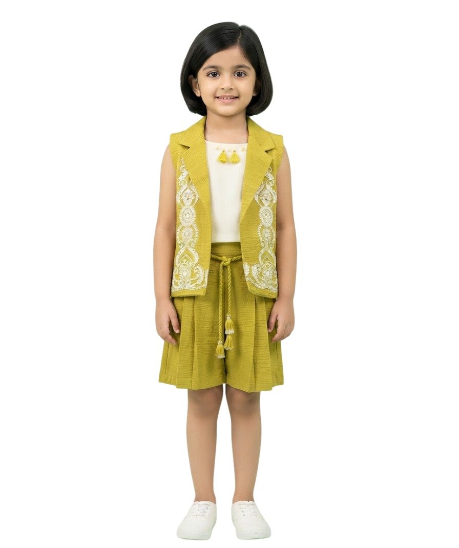 Girls Olive Green & Off-White Solid 3-Piece Co-Ord