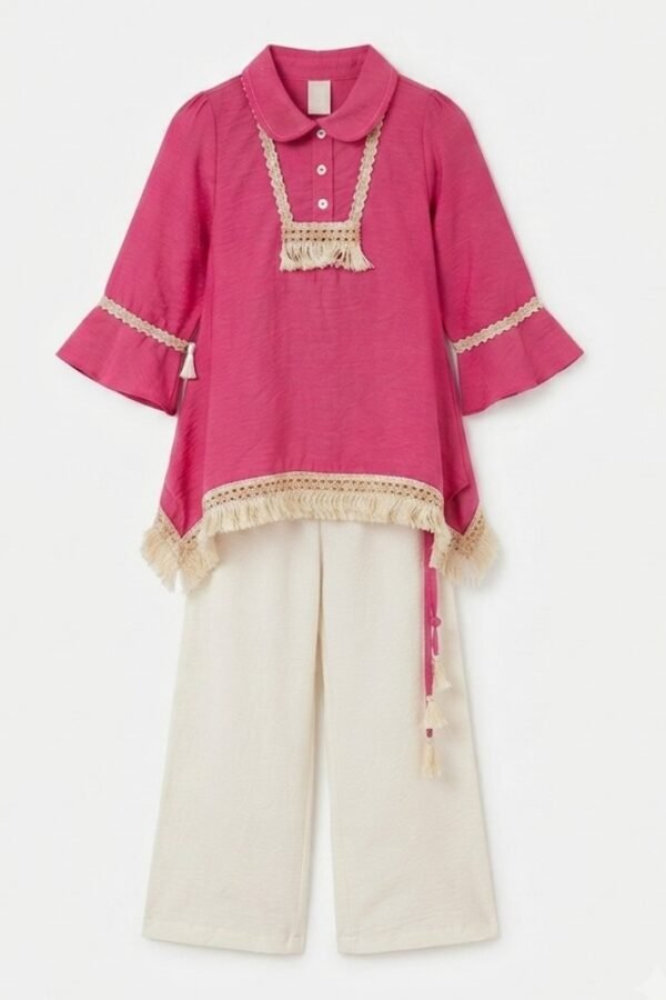 Girls Pink & Off-White Solid Co-Ord Set