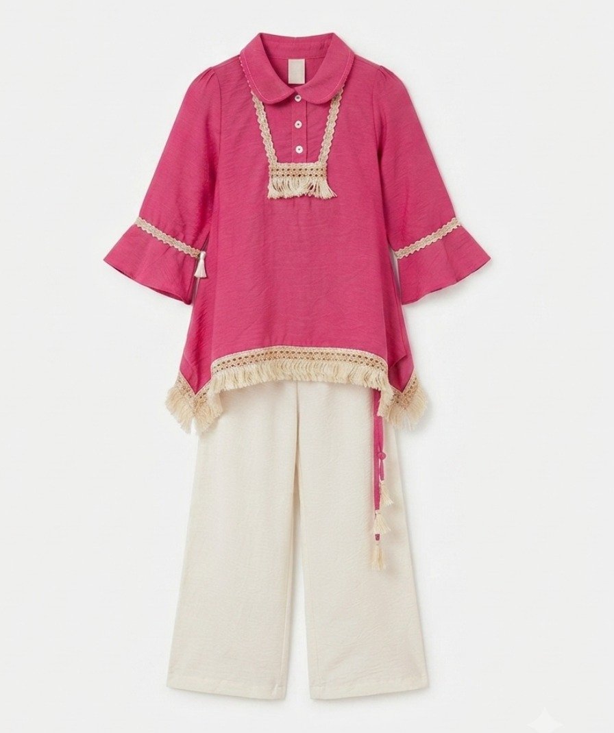 Girls Pink & Off-White Solid Co-Ord Set - Image 2