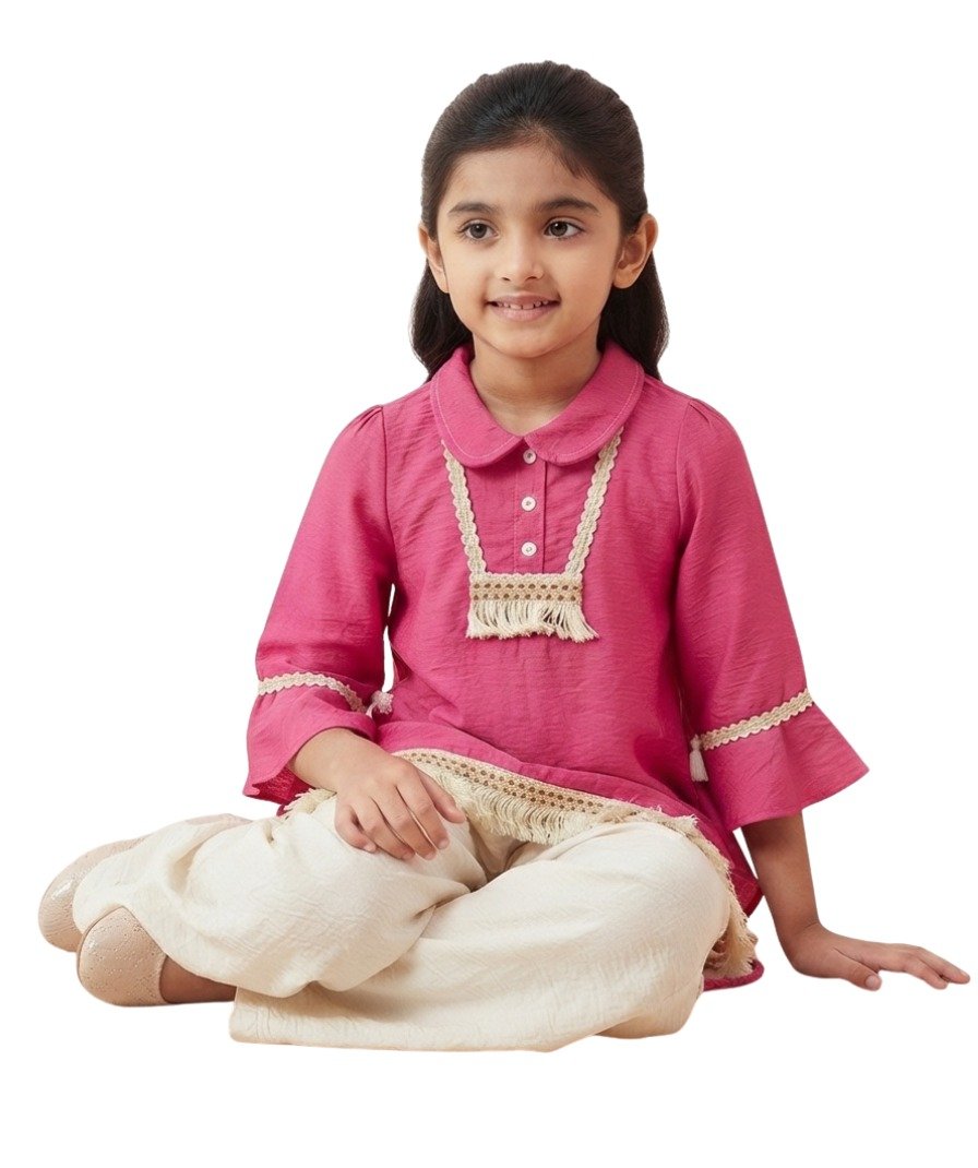 Girls Pink & Off-White Solid Co-Ord Set - Image 3