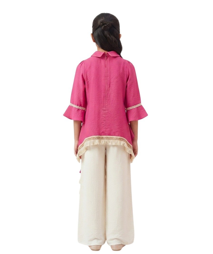 Girls Pink & Off-White Solid Co-Ord Set - Image 4