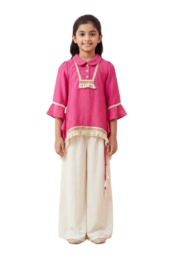 Girls Pink & Off-White Solid Co-Ord Set