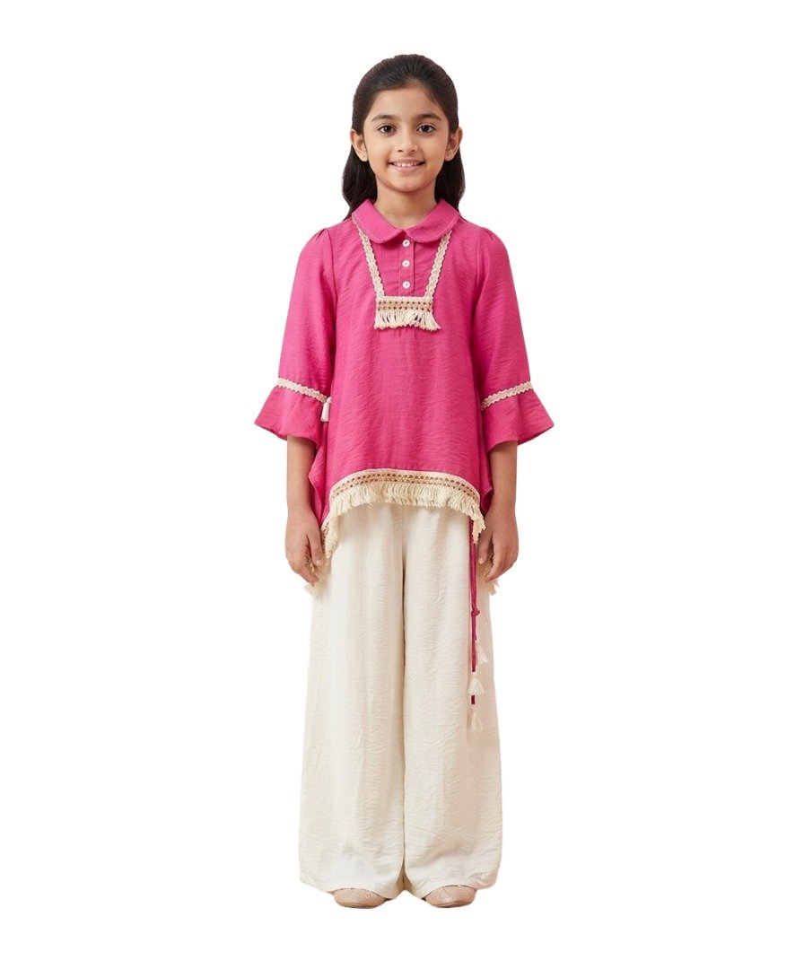 Girls Pink & Off-White Solid Co-Ord Set