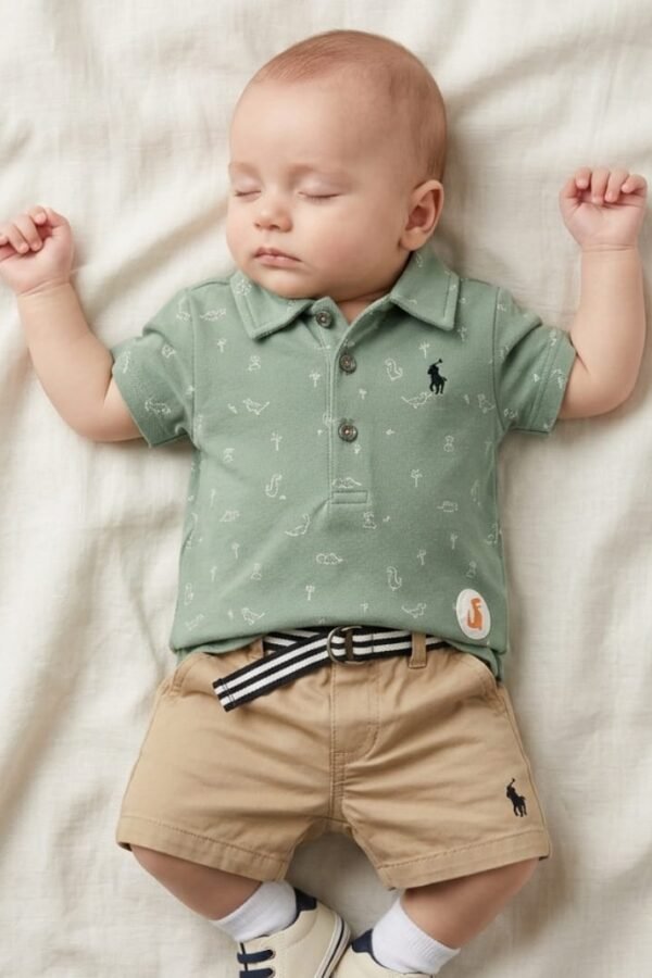 Baby Boys Sage Green Printed Polo T-Shirt