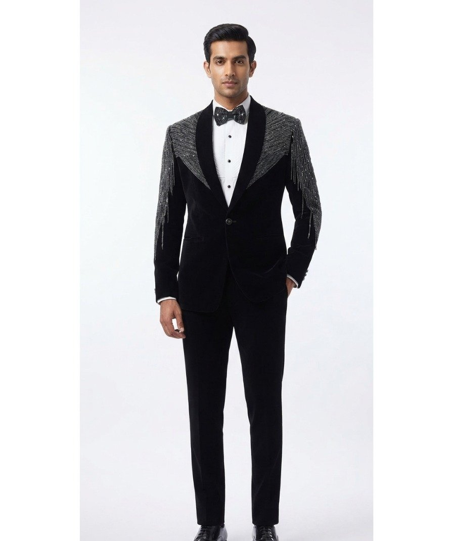 Men's Black Embellished Tuxedo Suit Set