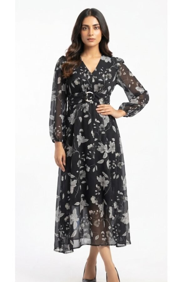 Women's Black Floral Printed Fit & Flare Midi Dress