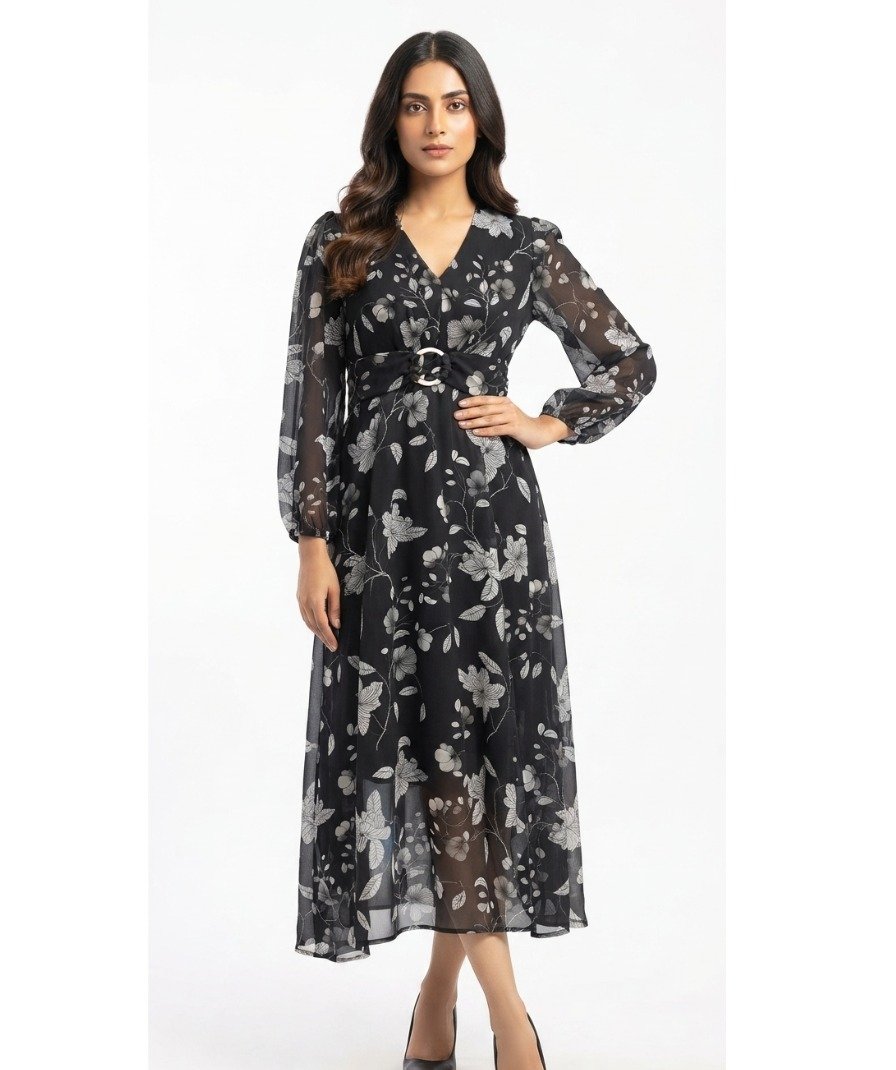 Women's Black Floral Printed Fit & Flare Midi Dress