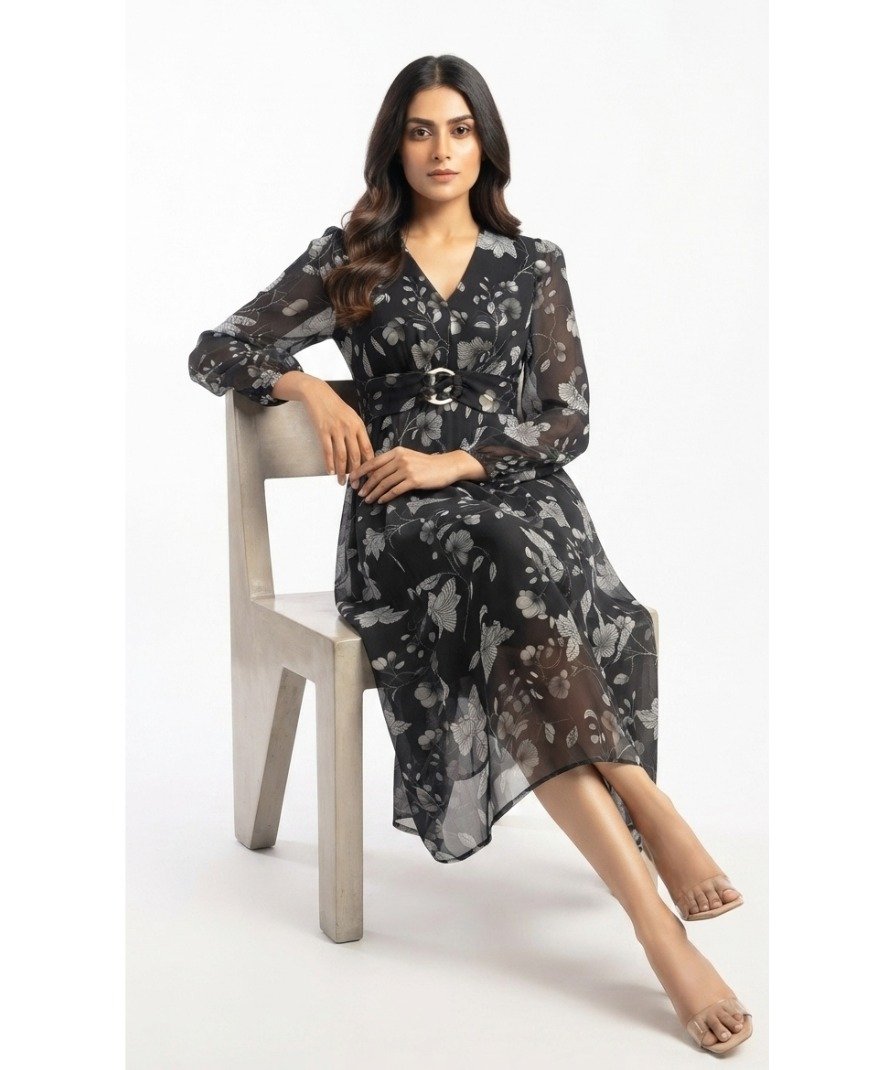 Women's Black Floral Printed Fit & Flare Midi Dress - Image 3