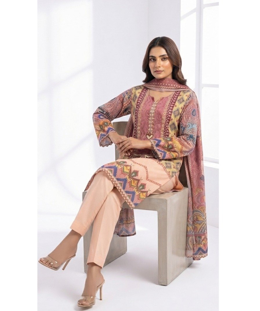 Women’s Peach & Mauve Printed Straight Kurta Set - Image 3