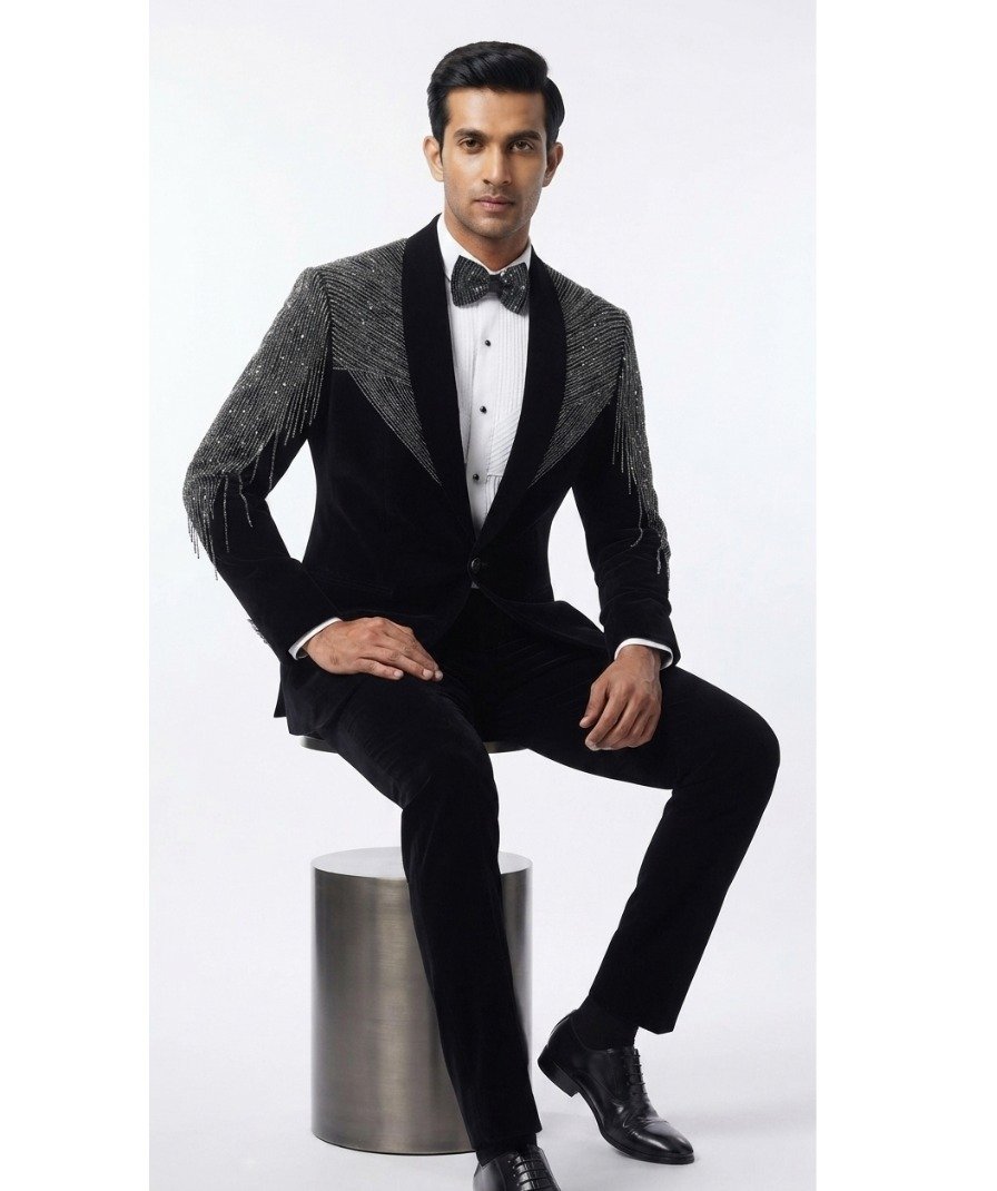 Men's Black Embellished Tuxedo Suit Set - Image 3