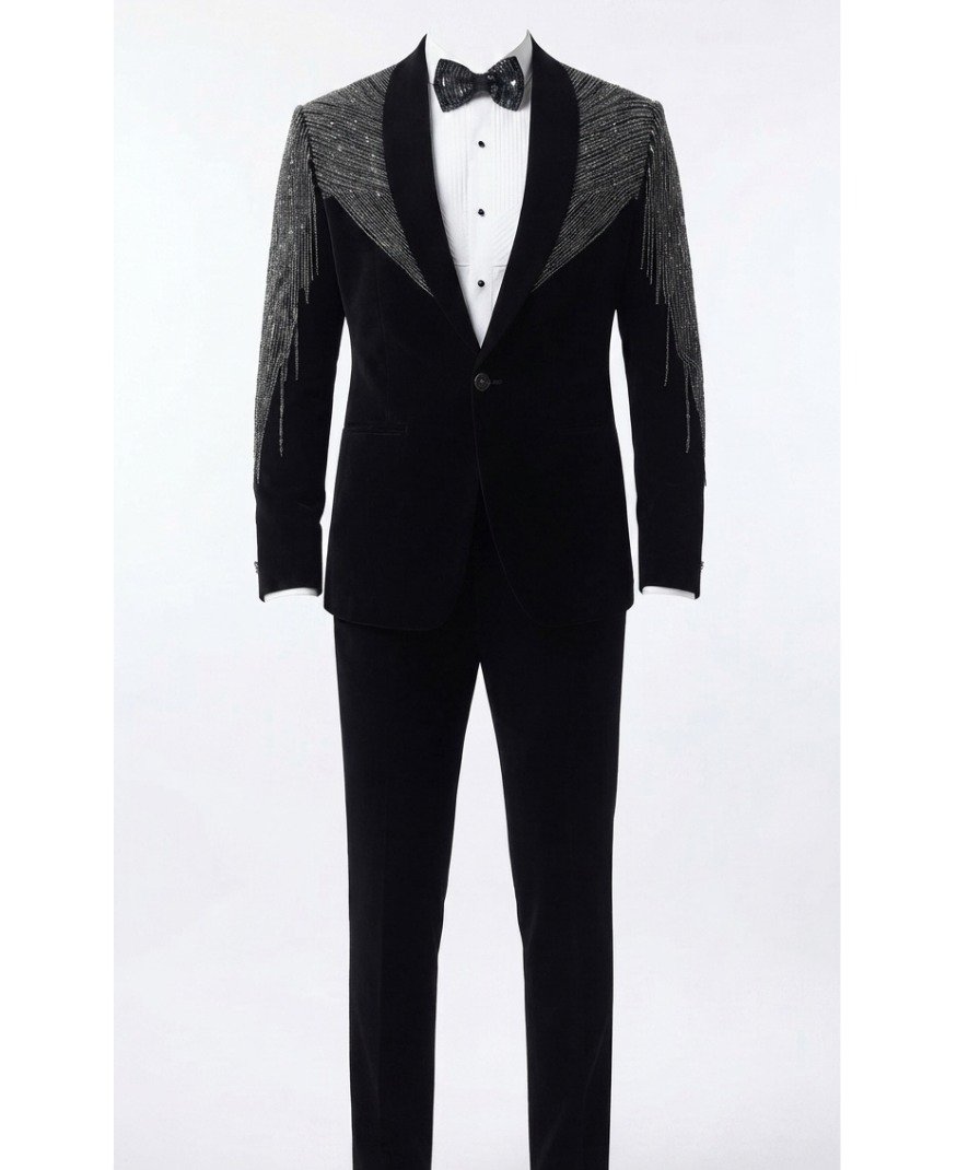 Men's Black Embellished Tuxedo Suit Set - Image 2
