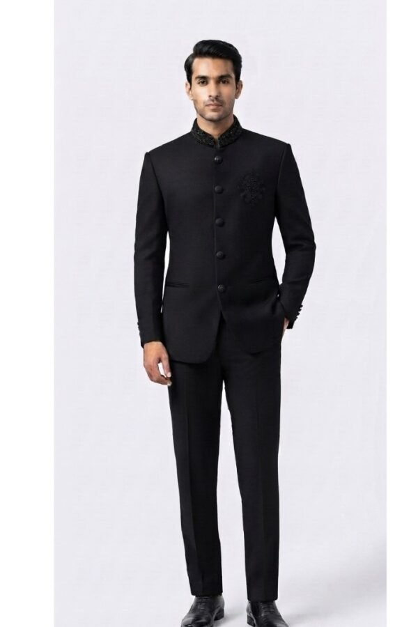 Men's Black Solid Bandhgala Suit Set