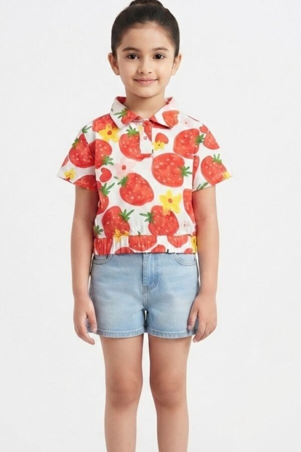 Girls White & Red Strawberry Print