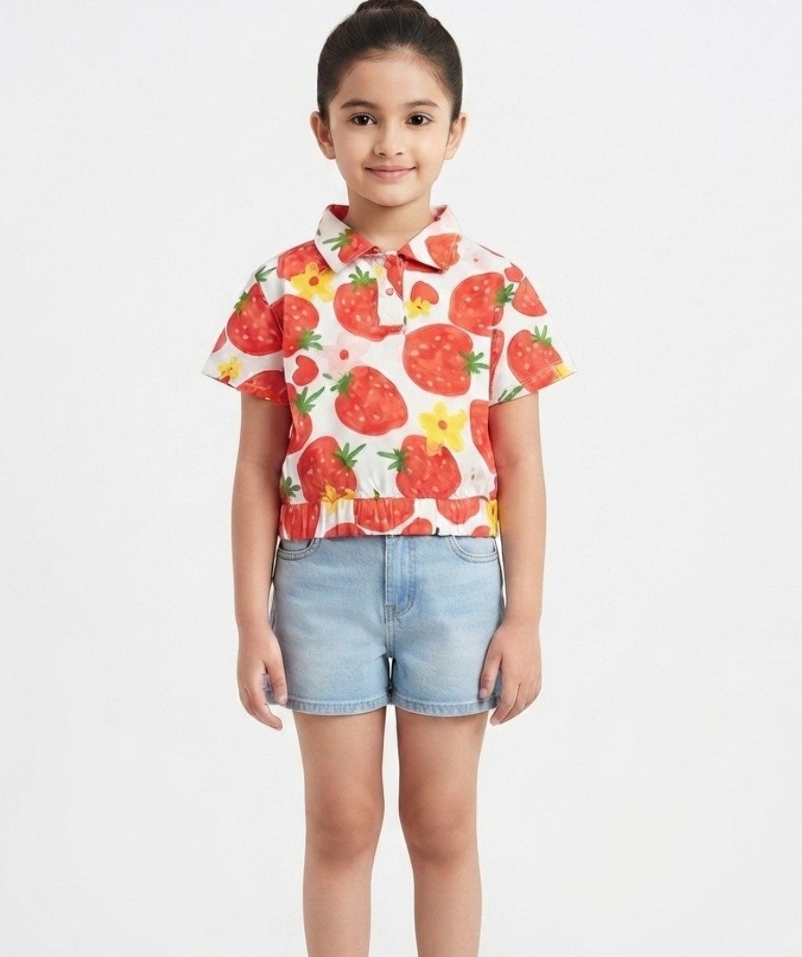 Girls White & Red Strawberry Print