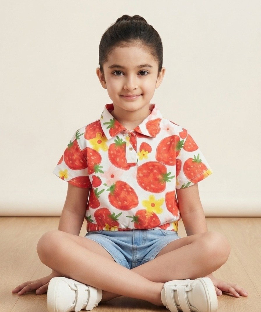 Girls White & Red Strawberry Print - Image 3