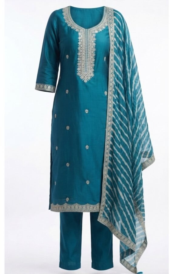 Women's Teal Embroidered Straight Kurta Set with Striped Dupatta