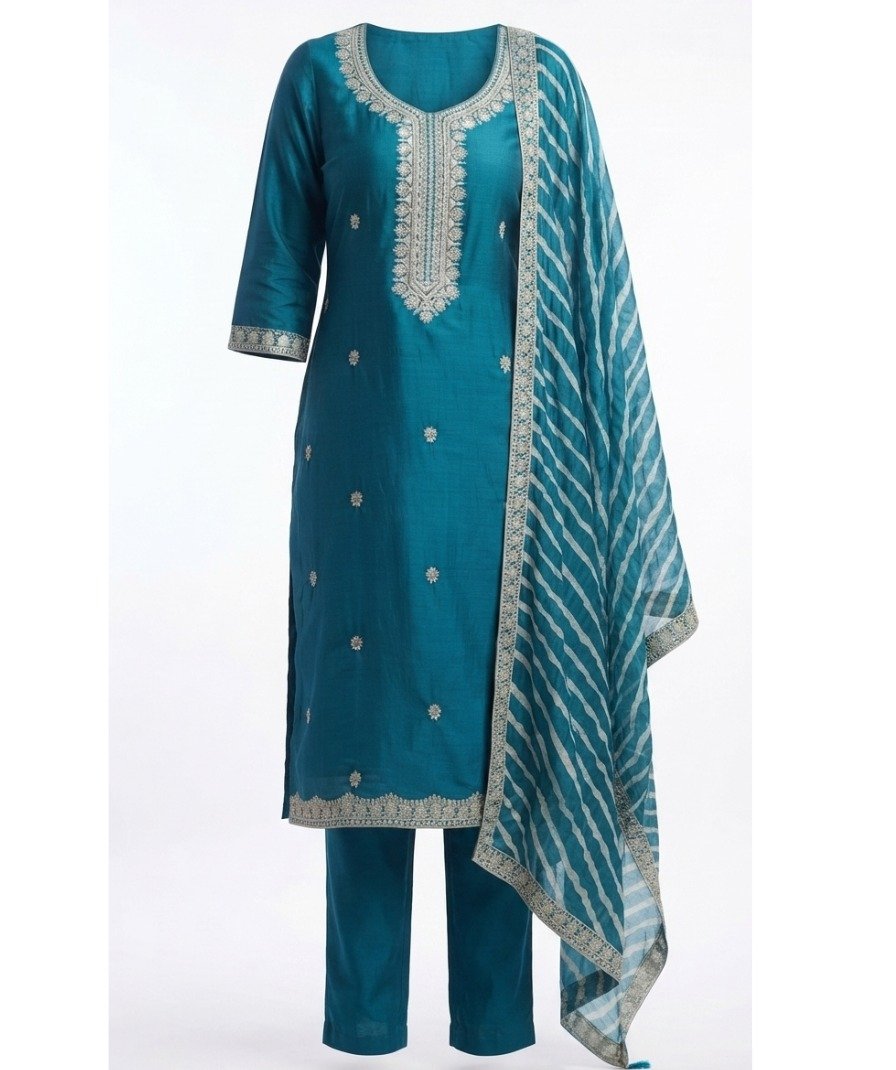Women's Teal Embroidered Straight Kurta Set with Striped Dupatta - Image 2