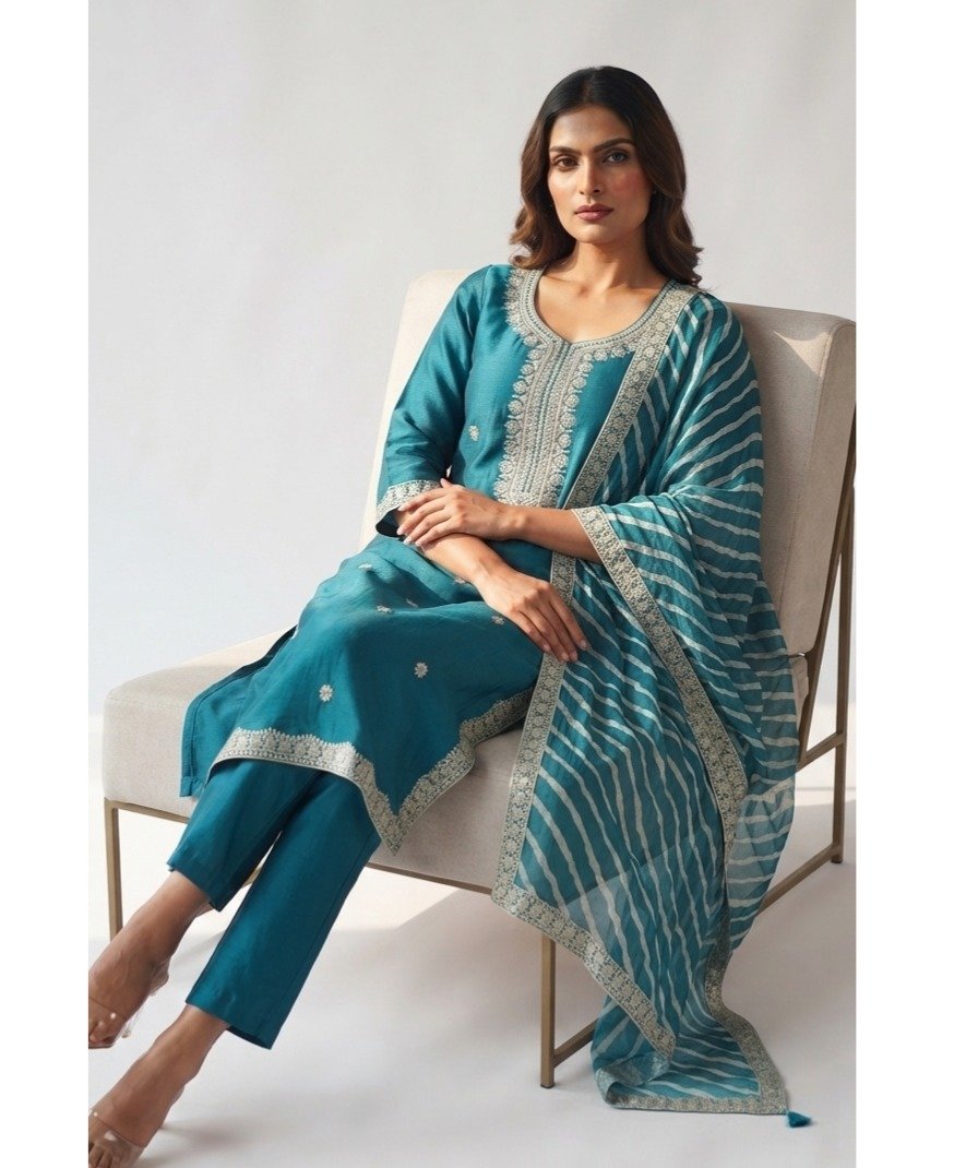 Women's Teal Embroidered Straight Kurta Set with Striped Dupatta - Image 3