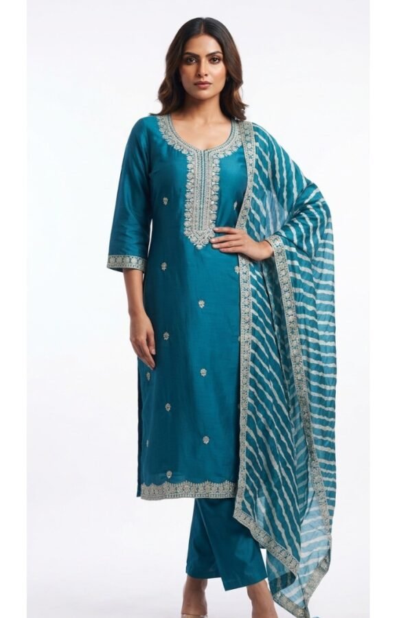 Women's Teal Embroidered Straight Kurta Set with Striped Dupatta
