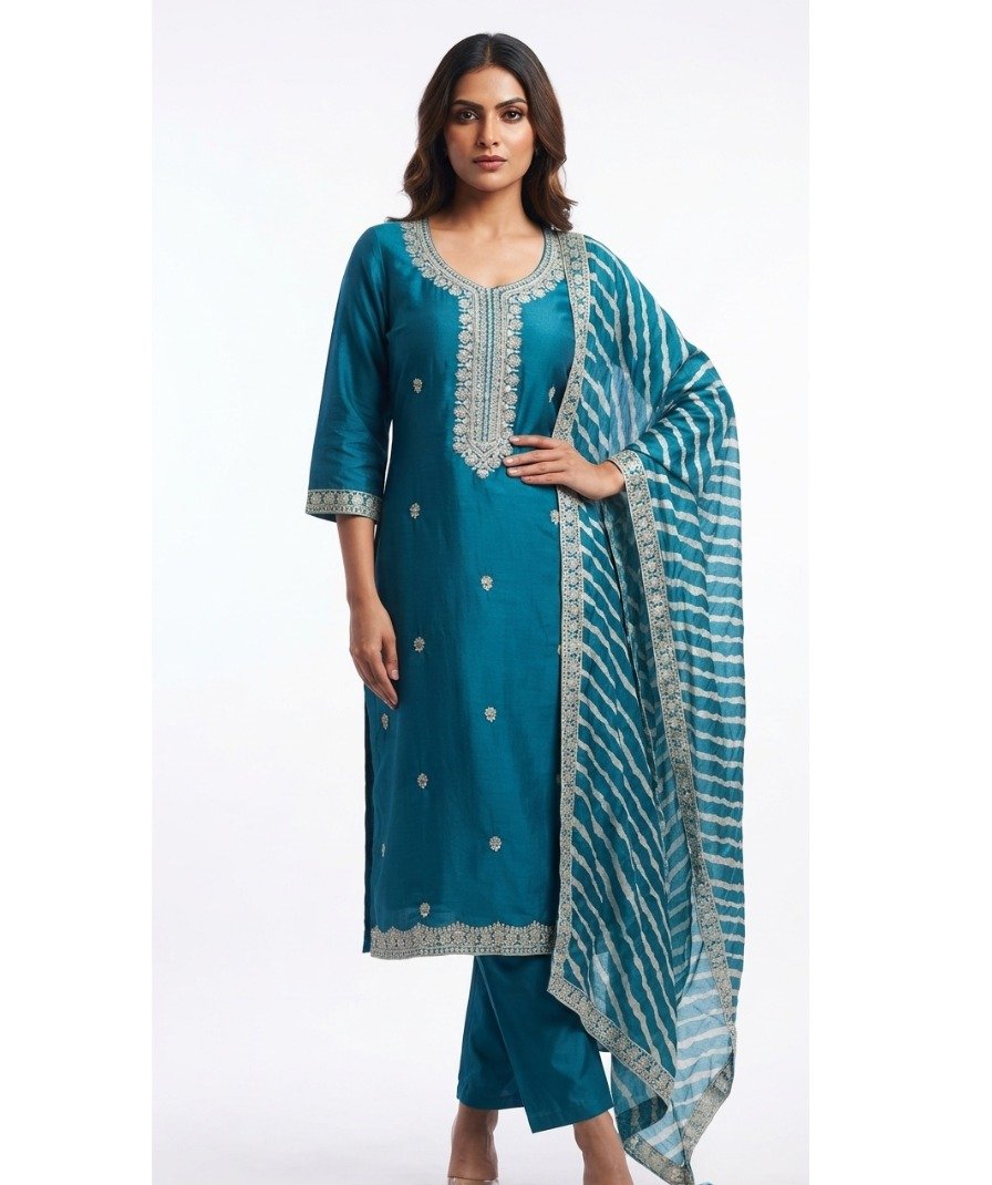 Women's Teal Embroidered Straight Kurta Set with Striped Dupatta