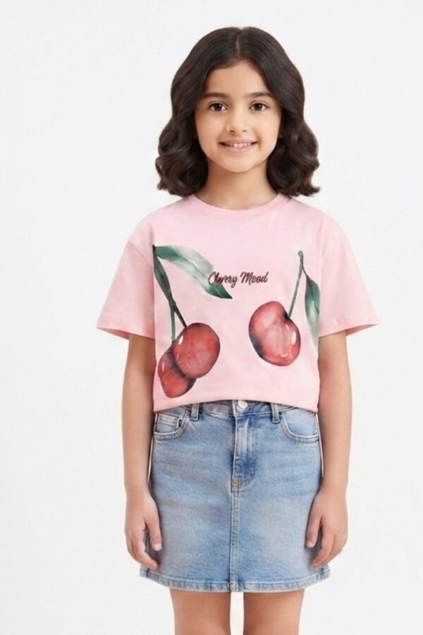 Girls Pink Cherry Print Crop T-Shirt