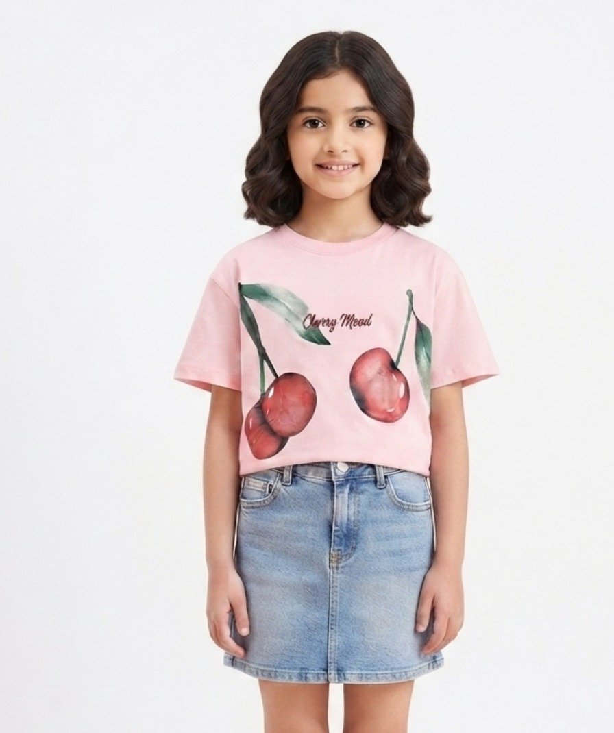 Girls Pink Cherry Print Crop T-Shirt