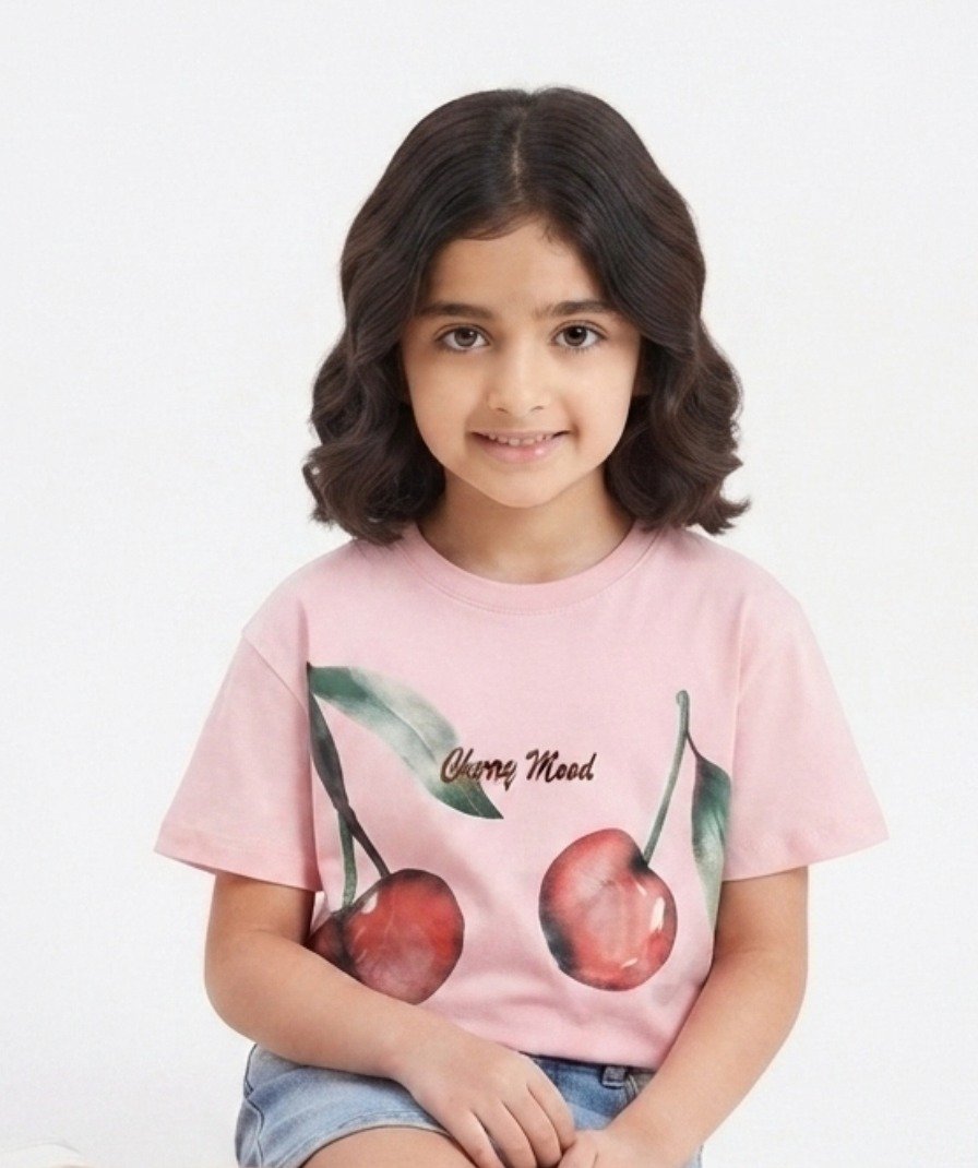 Girls Pink Cherry Print Crop T-Shirt - Image 4