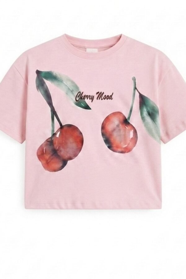 Girls Pink Cherry Print Crop T-Shirt