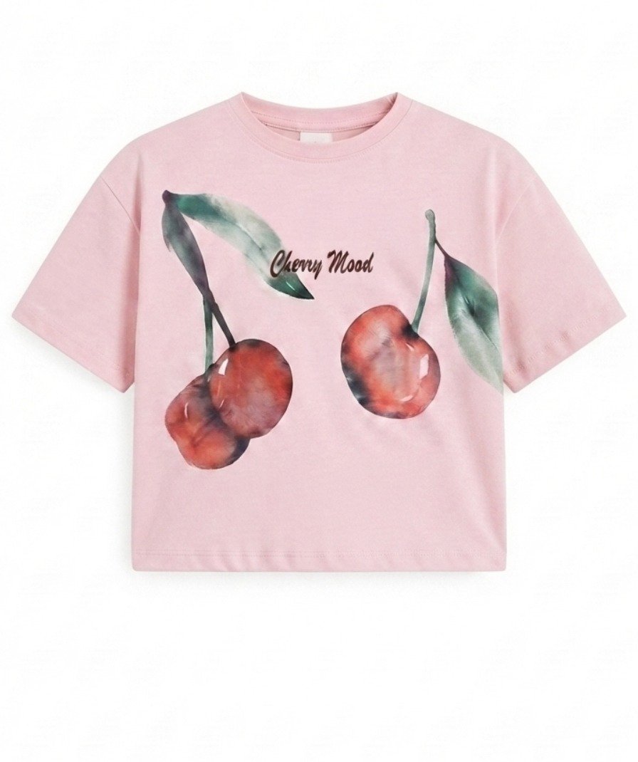 Girls Pink Cherry Print Crop T-Shirt - Image 2