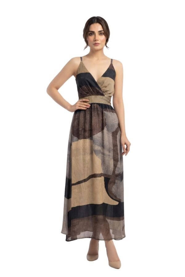 Women's Beige & Brown Abstract Printed Maxi Dress