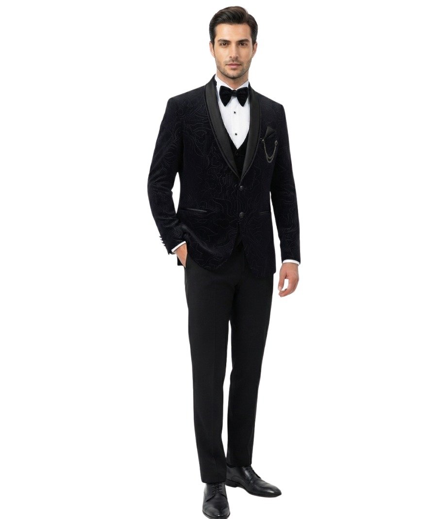 Men's Black Patterned Formal Tuxedo Suit