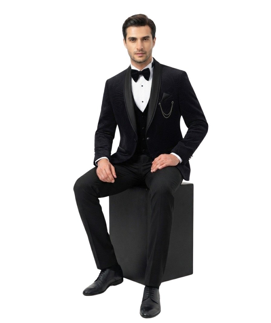 Men's Black Patterned Formal Tuxedo Suit - Image 3