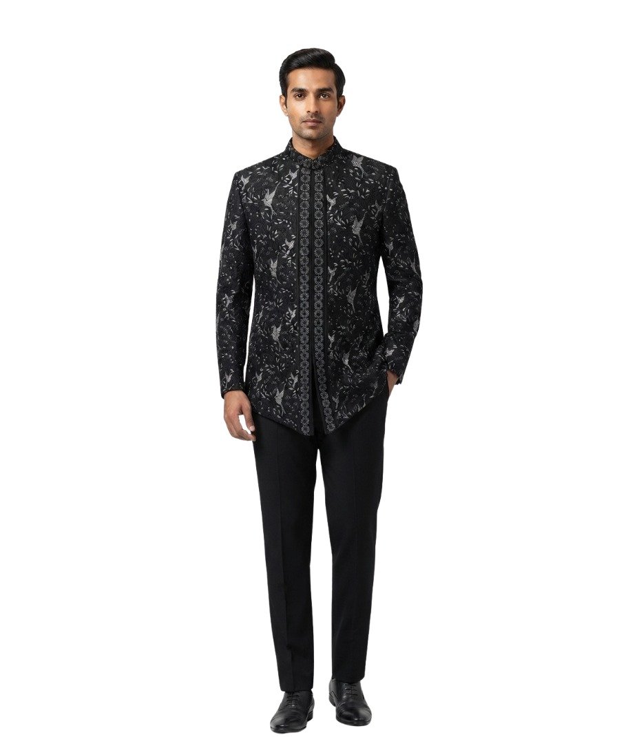 Men's Black Printed Sherwani