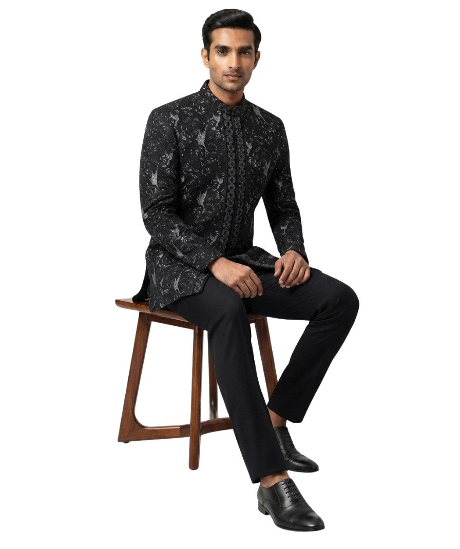 Men's Black Printed Sherwani - Image 3