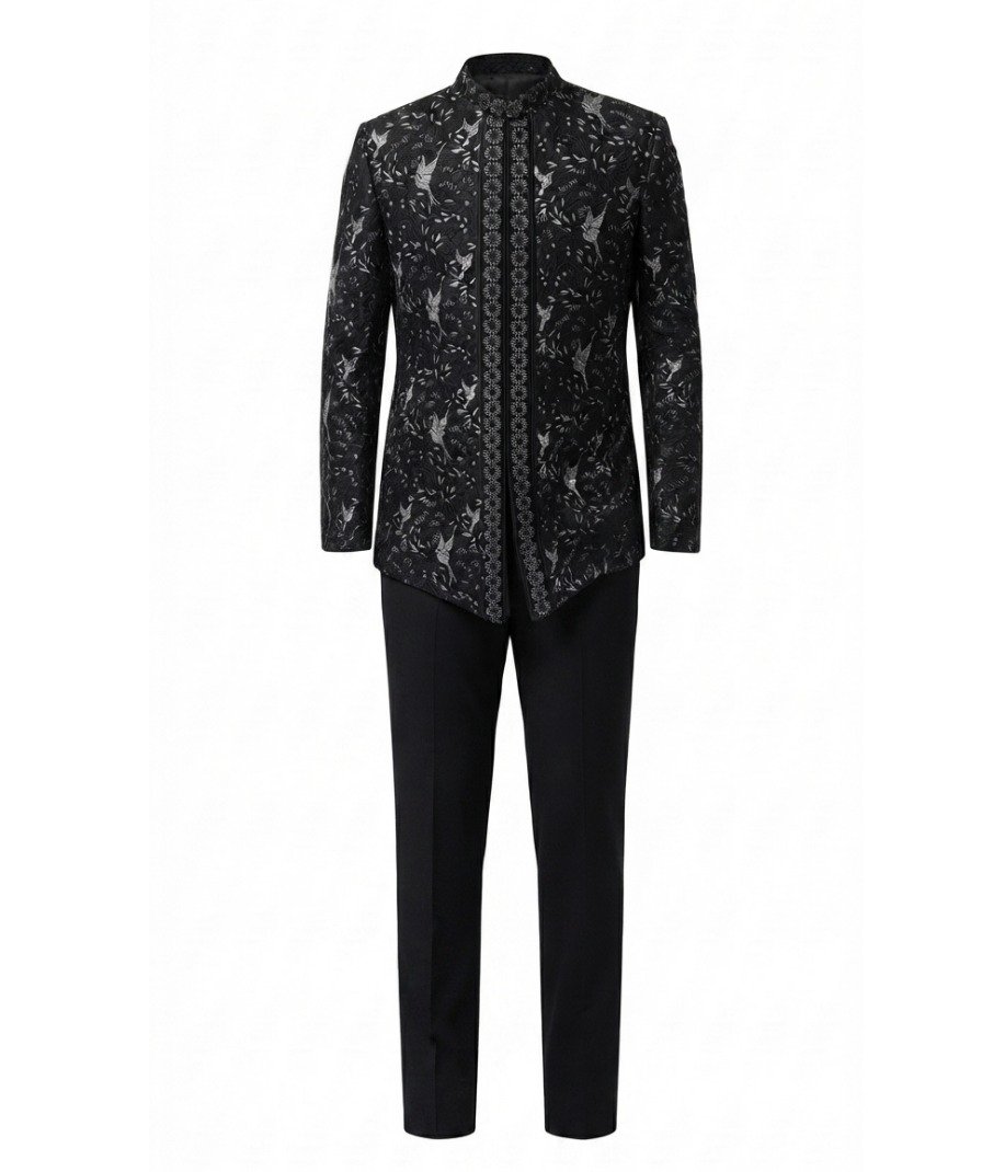 Men's Black Printed Sherwani - Image 2