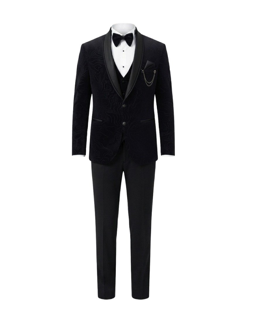 Men's Black Patterned Formal Tuxedo Suit - Image 2