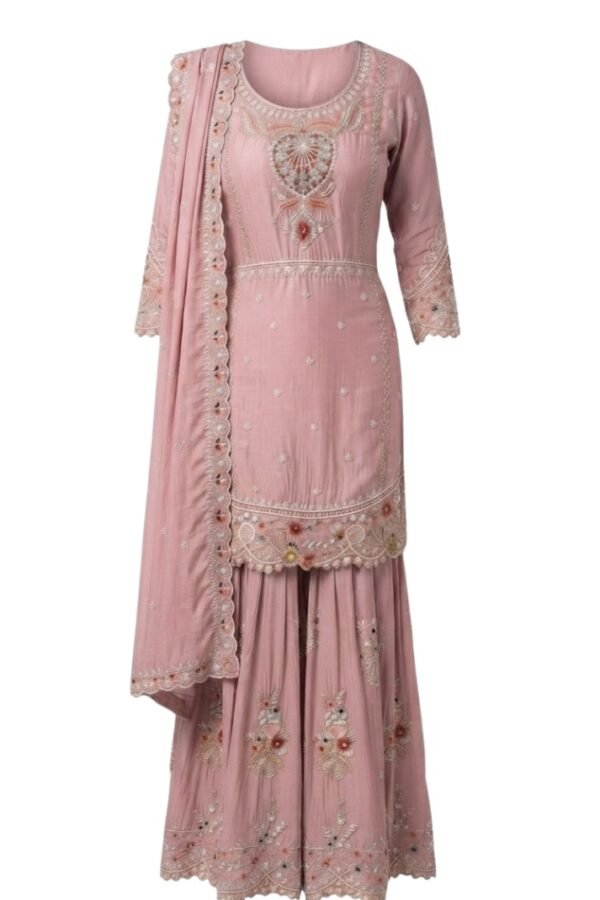 Women's Dusty Pink Embroidered Kurta Sharara Set with Dupatta