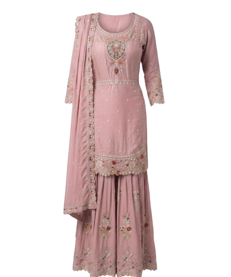 Women's Dusty Pink Embroidered Kurta Sharara Set with Dupatta - Image 2