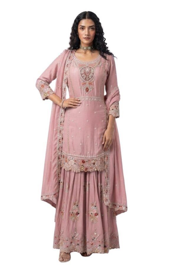 Women's Dusty Pink Embroidered Kurta Sharara Set with Dupatta