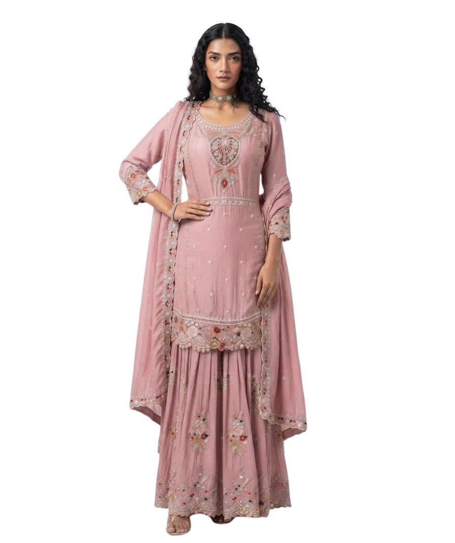 Women's Dusty Pink Embroidered Kurta Sharara Set with Dupatta