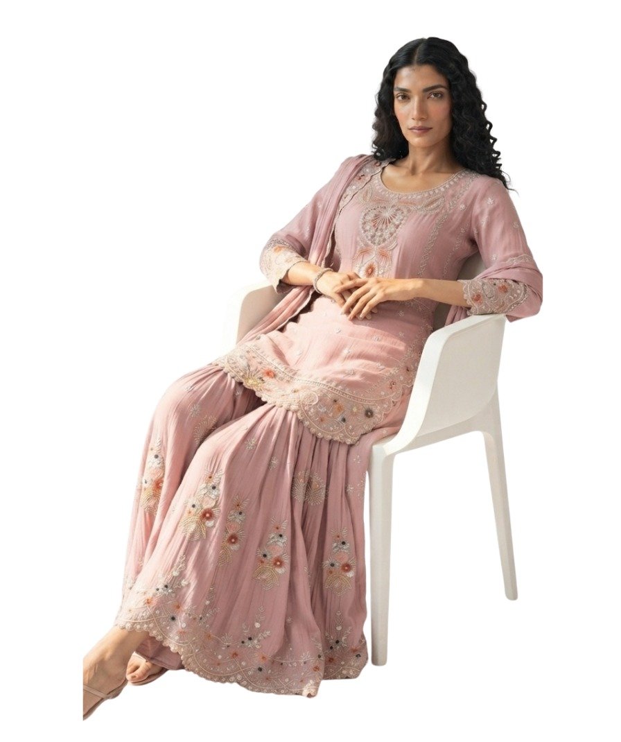 Women's Dusty Pink Embroidered Kurta Sharara Set with Dupatta - Image 3