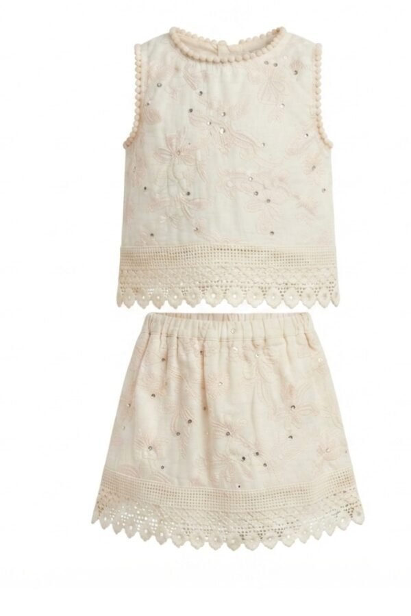 Girls Off-White Floral Embroidered Sleeveless Round Neck Dress