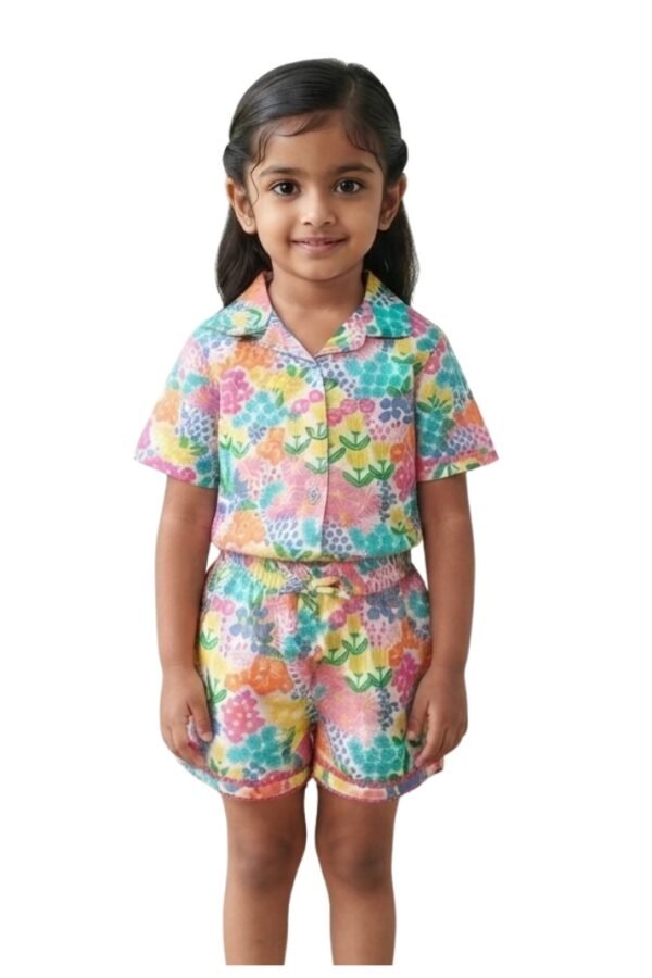 Girls Multicolor Floral Printed Shirt & Shorts Co-Ord Se