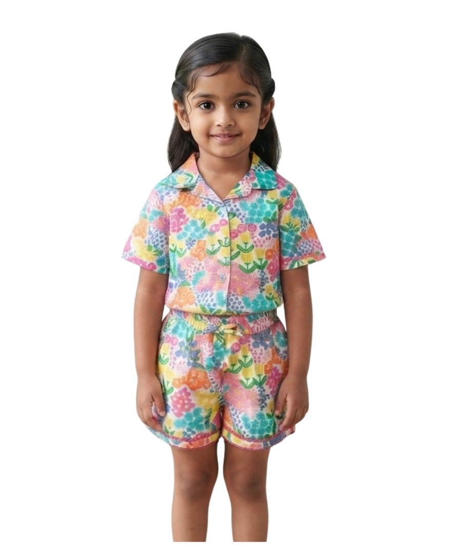 Girls Multicolor Floral Printed Shirt & Shorts Co-Ord Se