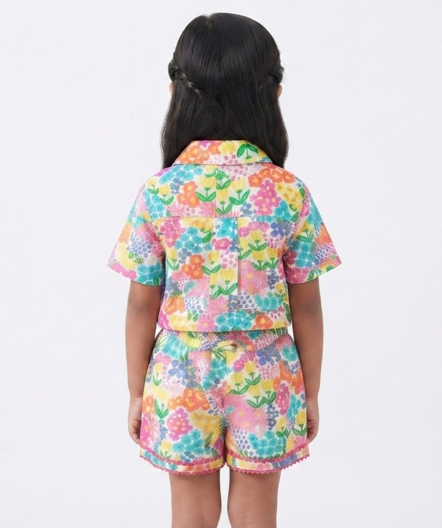 Girls Multicolor Floral Printed Shirt & Shorts Co-Ord Se - Image 3