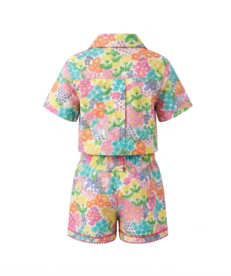 Girls Multicolor Floral Printed Shirt & Shorts Co-Ord Se - Image 4