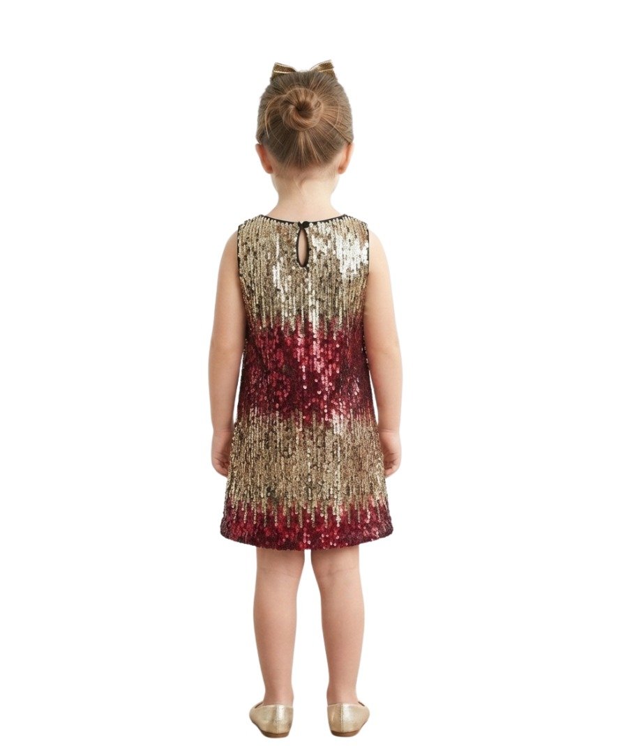 Girls Gold & Maroon Sequin Sleeveless Dress - Image 3