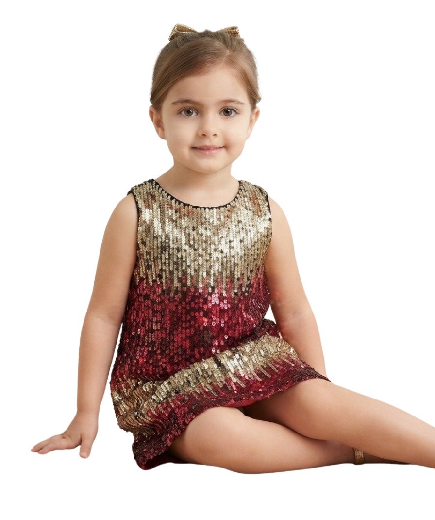 Girls Gold & Maroon Sequin Sleeveless Dress - Image 5